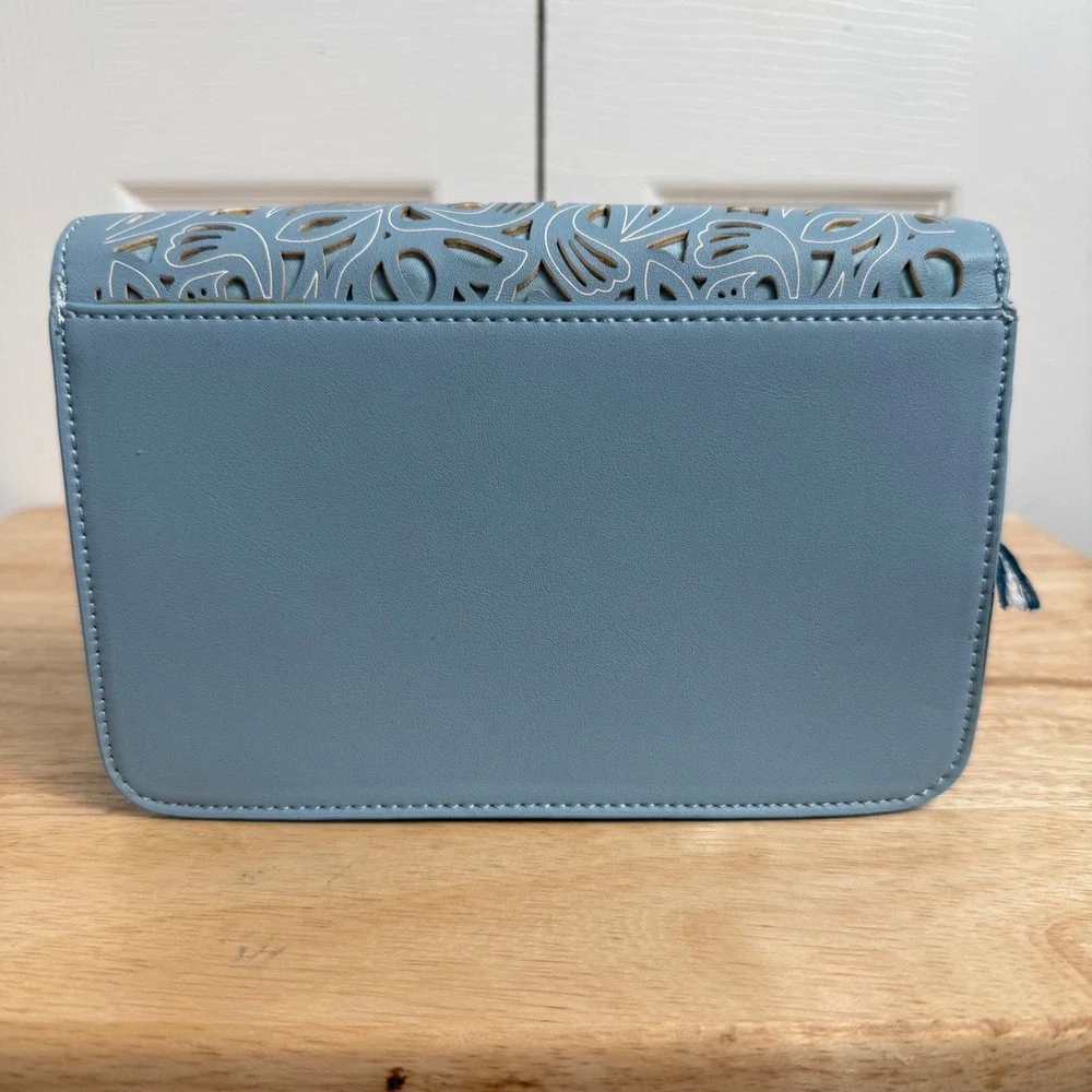 Draper James RSVP Crossbody Bag OS Blue Laser Cut Floral Cottagecore Gold Logo